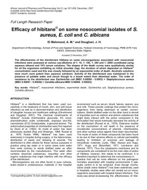 Efficacy of Hibitane on Some Nosocomial Isolates of S. Aureus, E