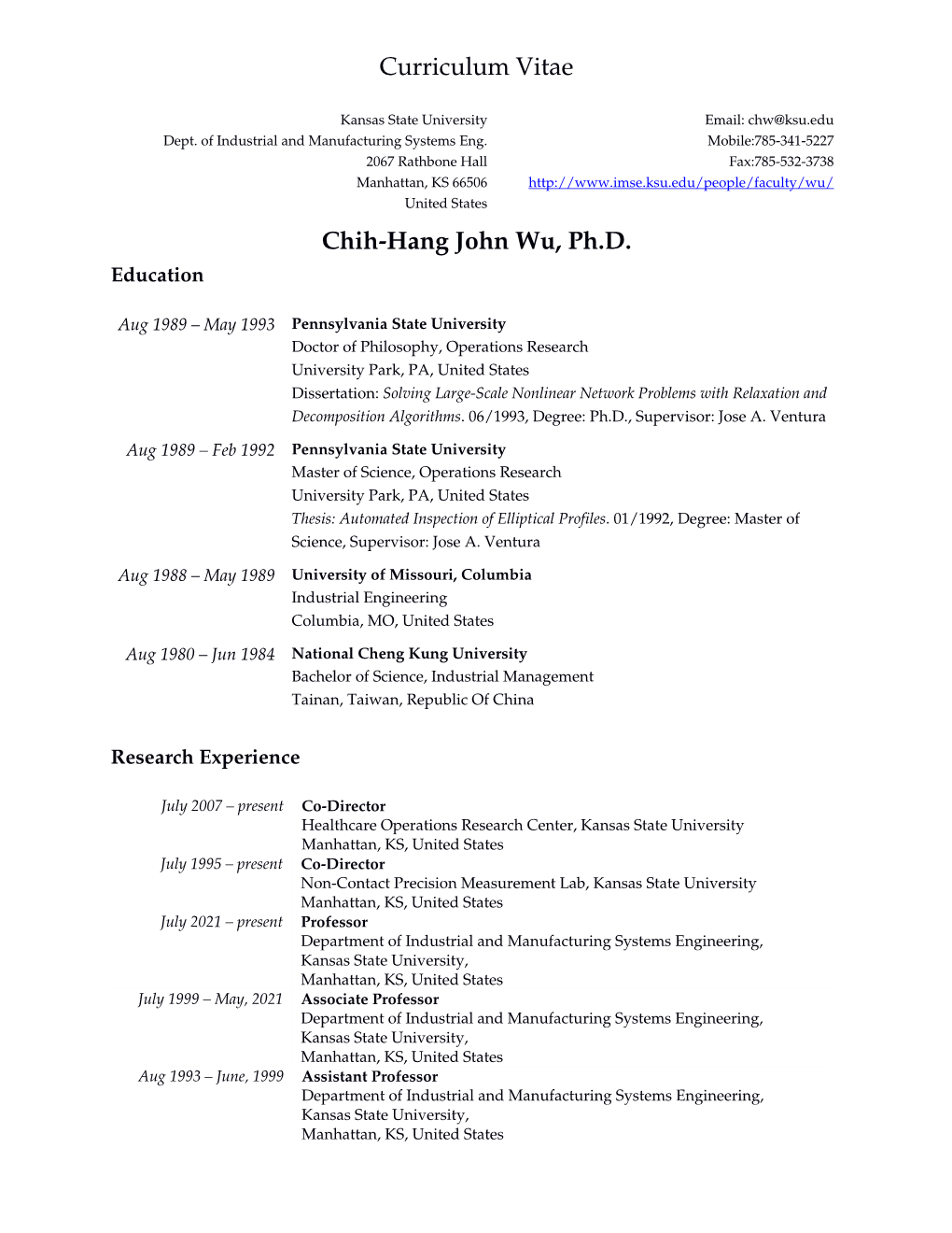 Curriculum Vitae Chih-Hang John Wu, Ph.D