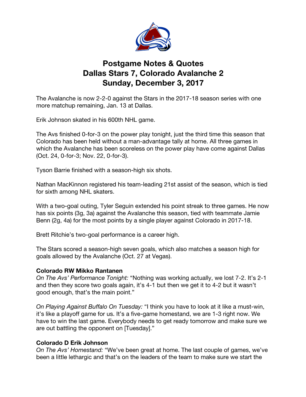Postgame Notes & Quotes Dallas Stars 7, Colorado Avalanche 2
