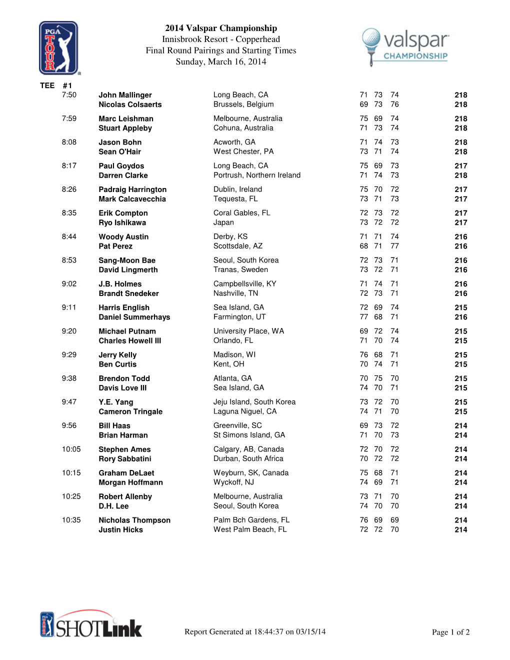 2014 Valspar Championship Innisbrook Resort - Copperhead Final Round Pairings and Starting Times Sunday, March 16, 2014