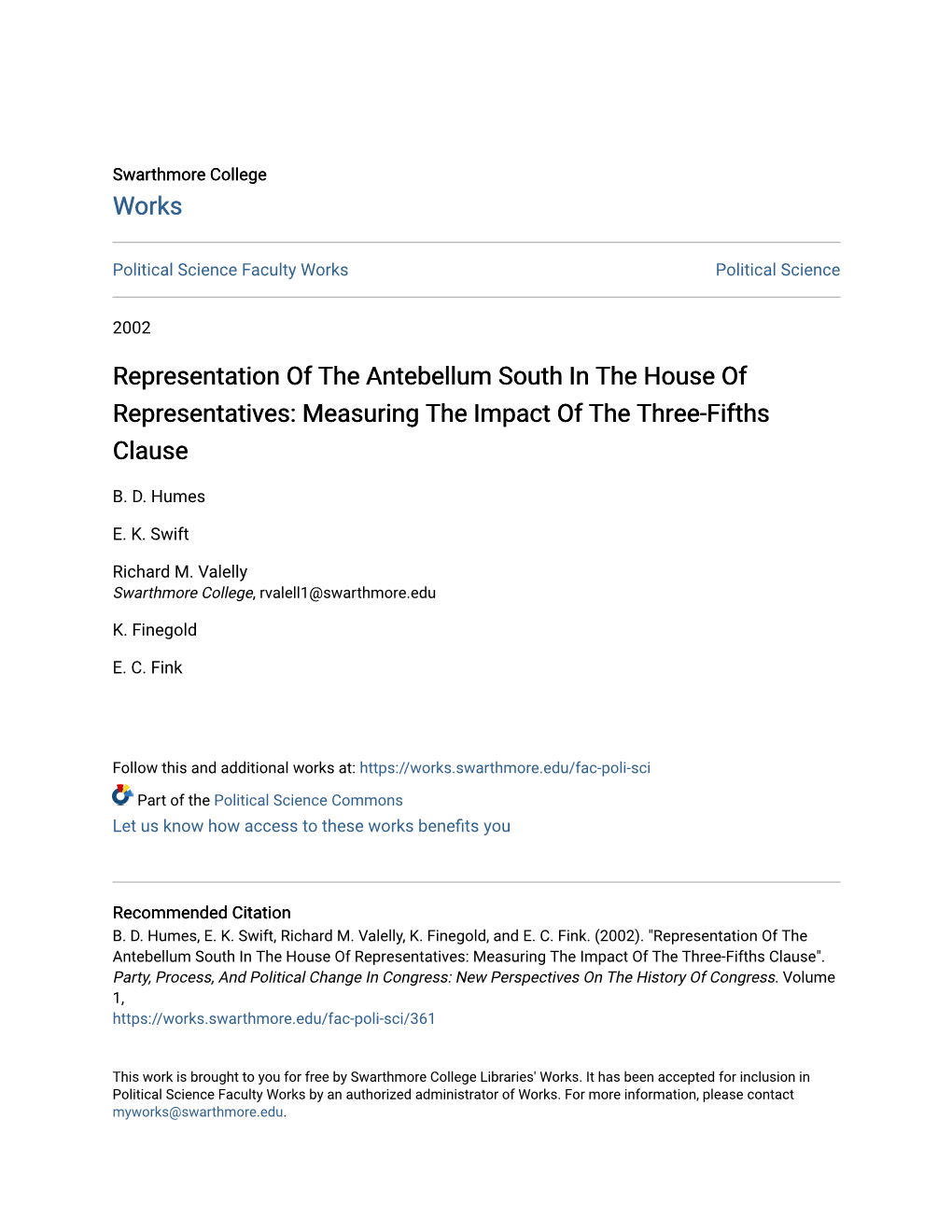Representation of the Antebellum South in the House of Representatives: Measuring the Impact of the Three-Fifths Clause