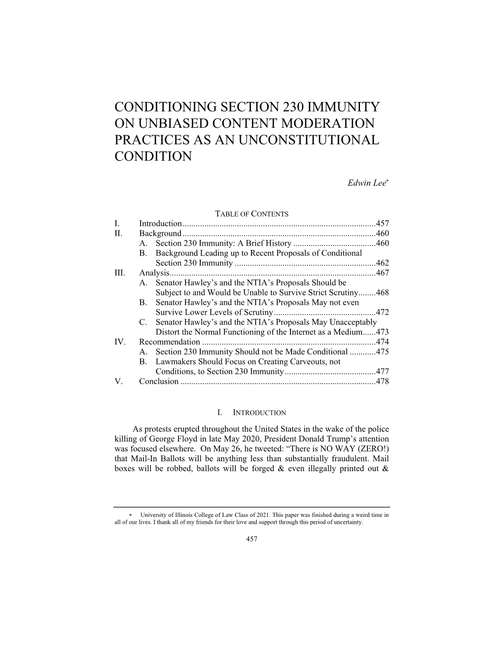 Conditioning Section 230 Immunity on Unbiased Content Moderation Practices As an Unconstitutional Condition