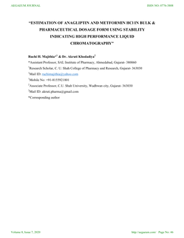 Estimation of Anagliptin and Metformin HCI in Bulk