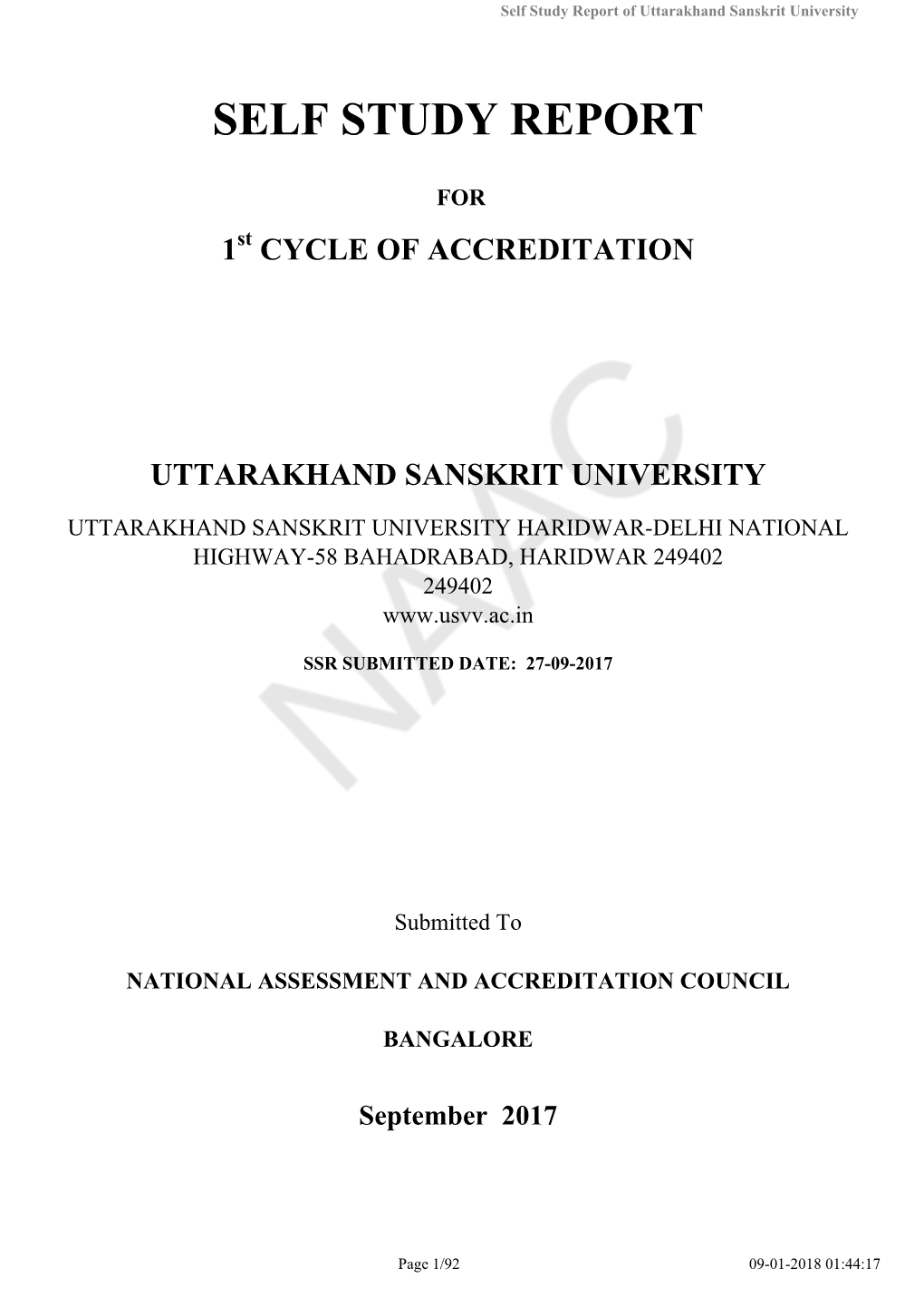 Self Study Report of Uttarakhand Sanskrit University