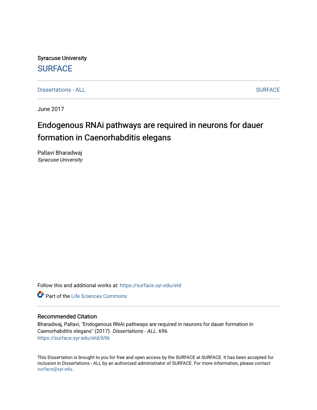 Endogenous Rnai Pathways Are Required in Neurons for Dauer Formation in Caenorhabditis Elegans