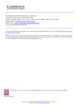Rock Nacional and Dictatorship in Argentina Author(S): Pablo Vila and Paul Cammack Source: Popular Music, Vol