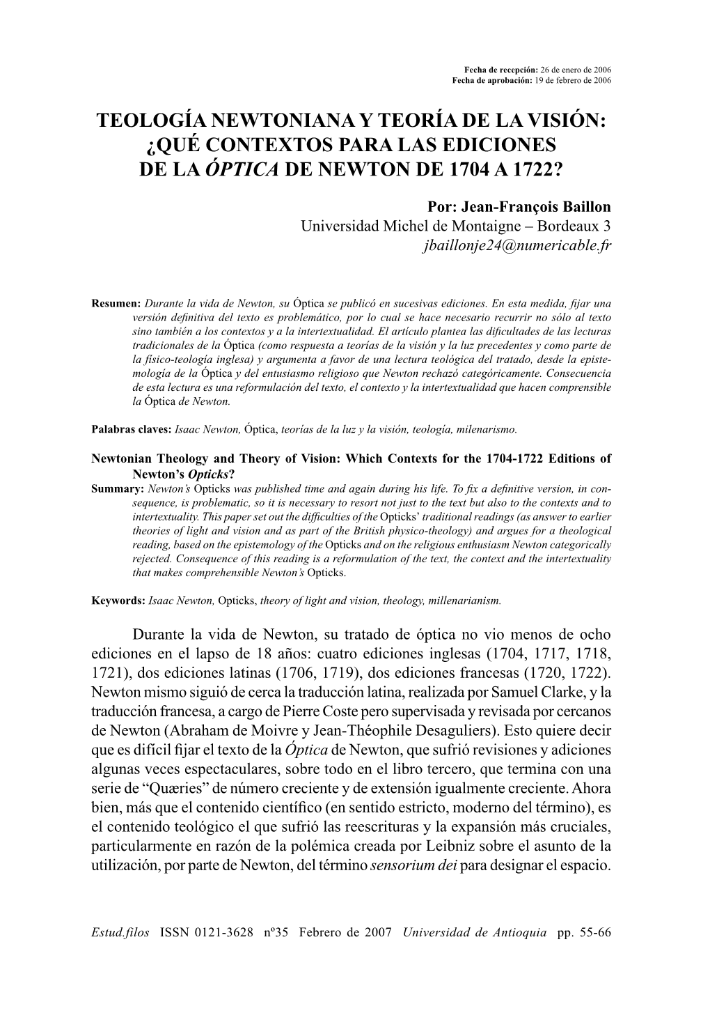 Teología Newtoniana Y Teoría De La Visión: ¿Qué Contextos Para Las Ediciones De La Óptica De Newton De 1704 a 1722?