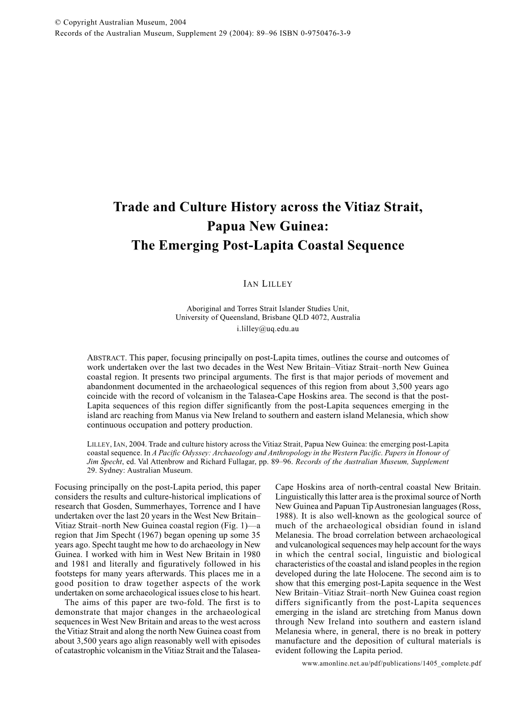Trade and Culture History Across the Vitiaz Strait, Papua New Guinea: the Emerging Post-Lapita Coastal Sequence
