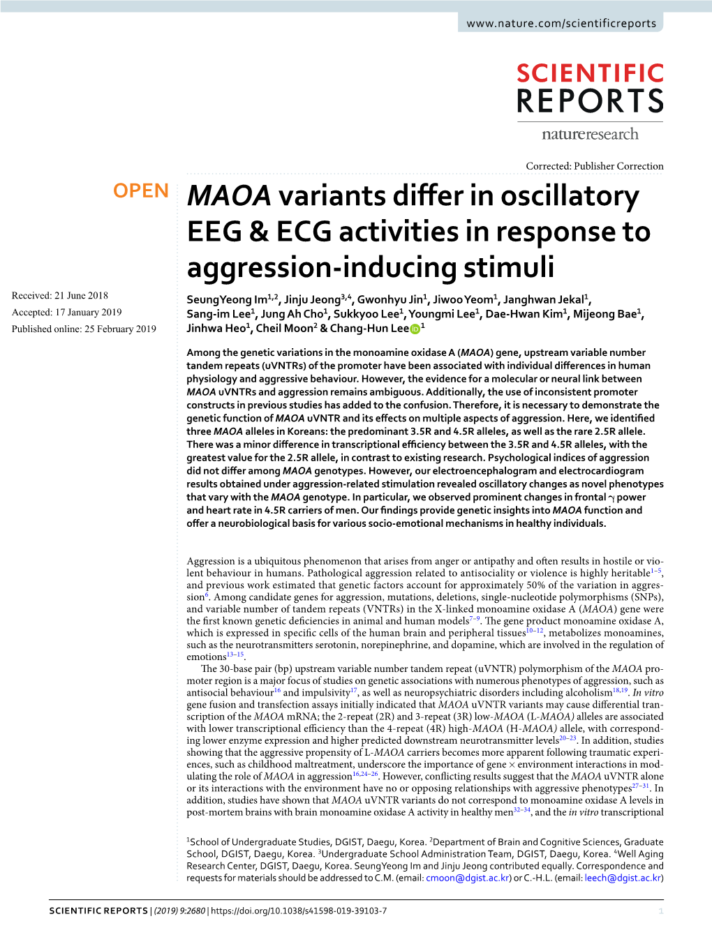 MAOA Variants Differ in Oscillatory EEG & ECG Activities in Response To