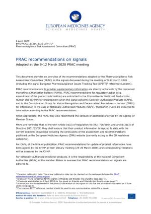PRAC Recommendations on Signals Adopted at the 9-12 March 2020 PRAC Meeting