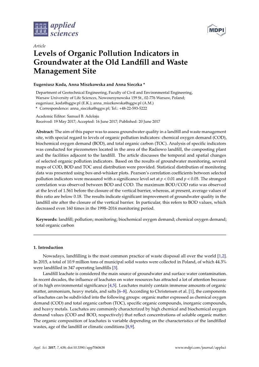 Levels of Organic Pollution Indicators in Groundwater at the Old Landfill