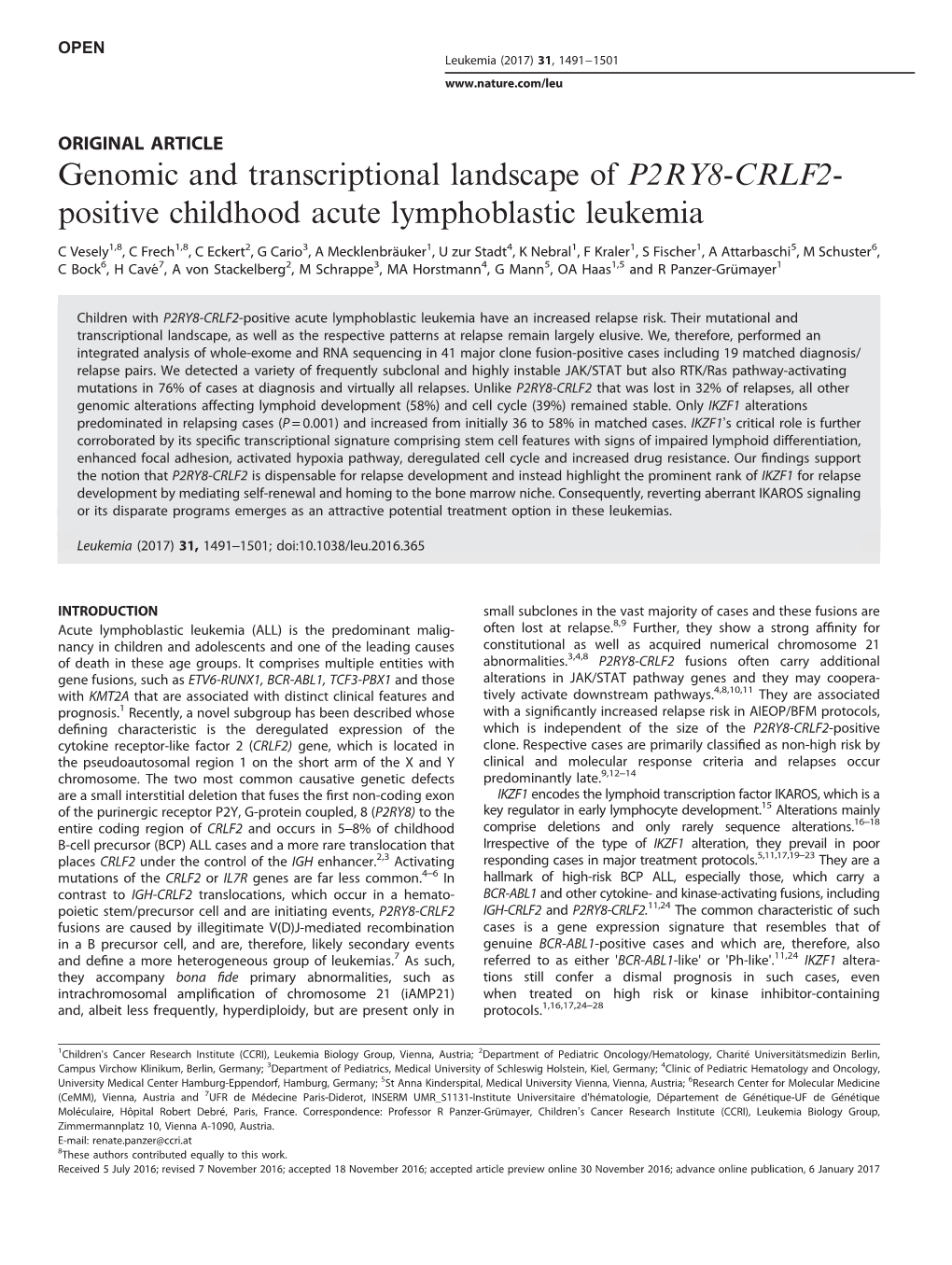 Genomic and Transcriptional Landscape of P2RY8-CRLF2- Positive Childhood Acute Lymphoblastic Leukemia