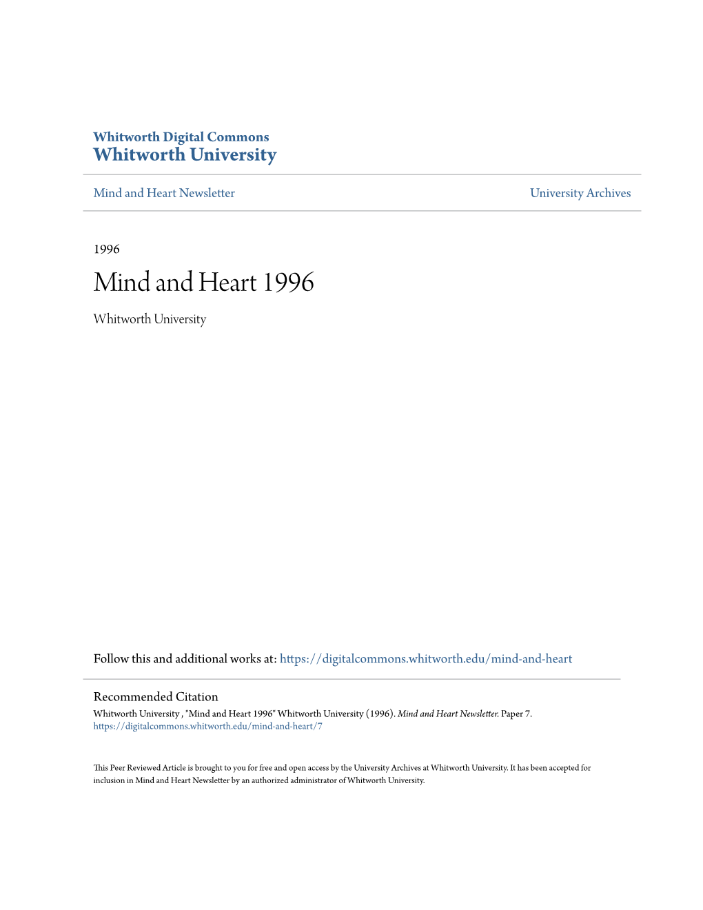 Mind and Heart 1996 Whitworth University