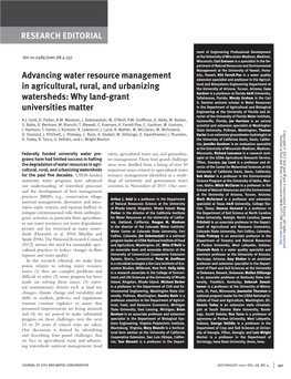 RESEARCH EDITORIAL Advancing Water Resource Management in Agricultural, Rural, and Urbanizing Watersheds