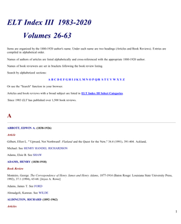 ELT Index III 1983-2020 Volumes 26-63