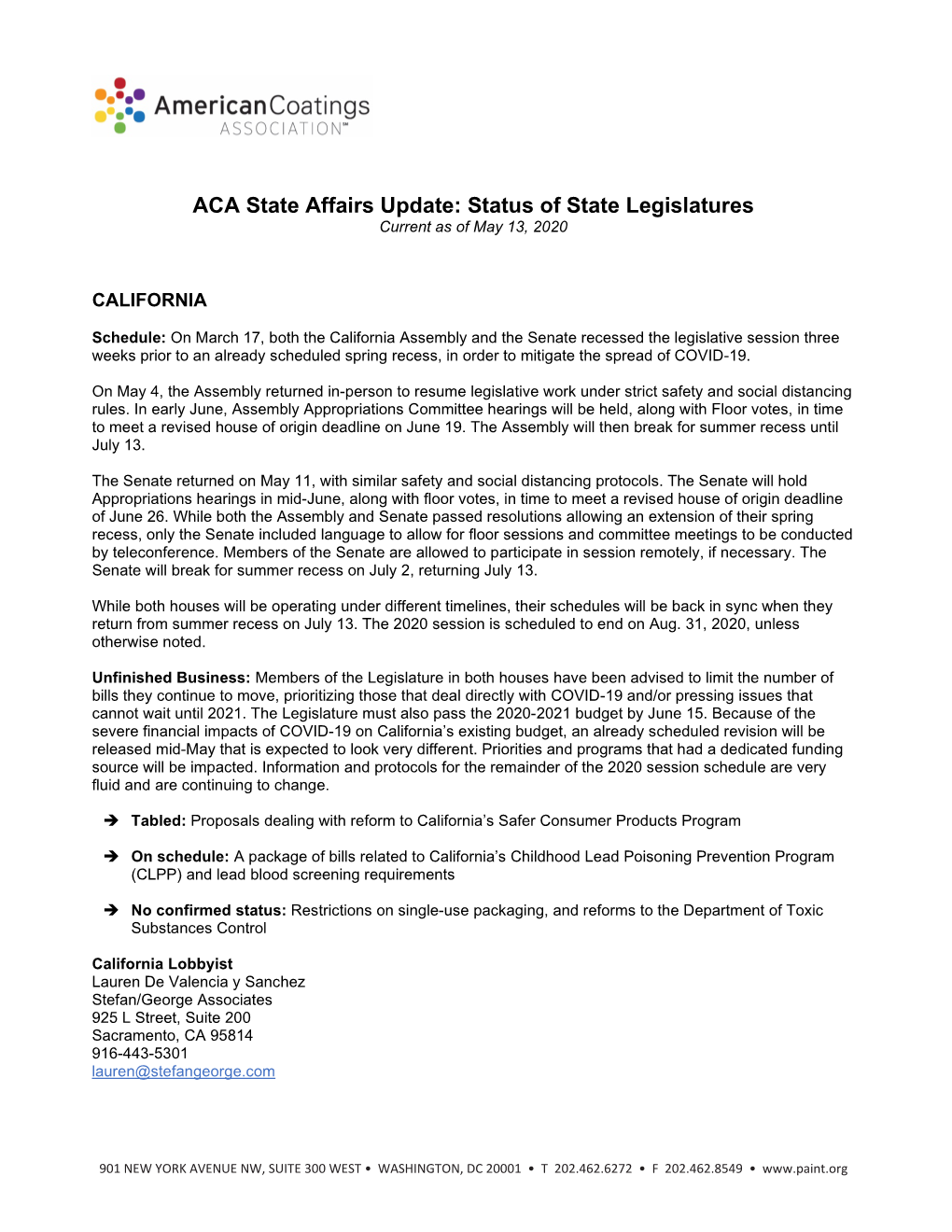 ACA State Affairs Update: Status of State Legislatures Current As of May 13, 2020