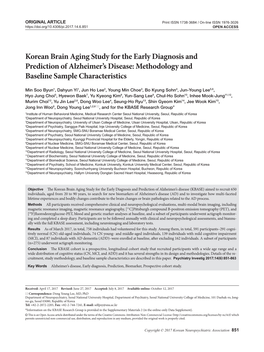 Korean Brain Aging Study for the Early Diagnosis and Prediction of Alzheimer’S Disease: Methodology and Baseline Sample Characteristics