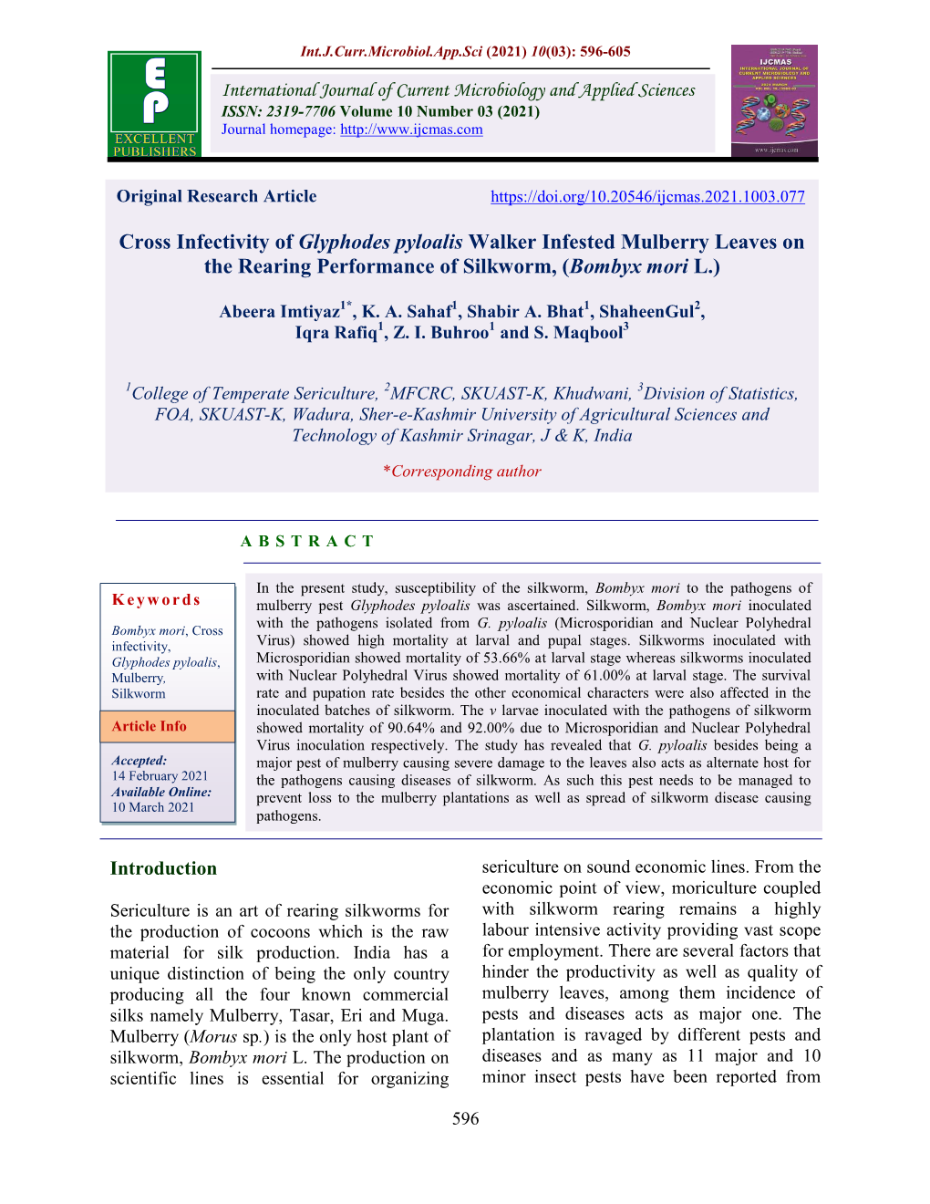 Cross Infectivity of Glyphodes Pyloalis Walker Infested Mulberry Leaves on the Rearing Performance of Silkworm, (Bombyx Mori L.)