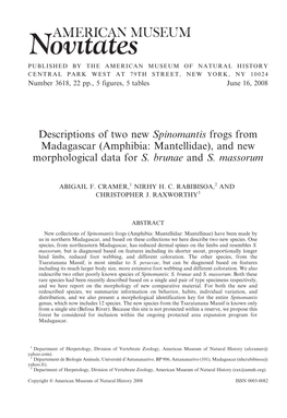 Descriptions of Two New Spinomantis Frogs from Madagascar (Amphibia: Mantellidae), and New Morphological Data for S