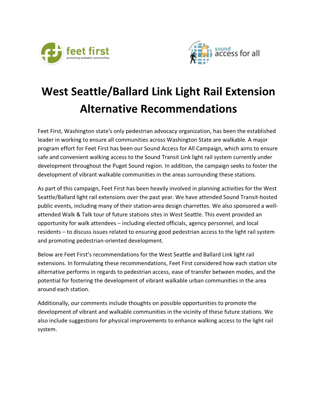 West Seattle/Ballard Link Light Rail Extension Alternative Recommendations
