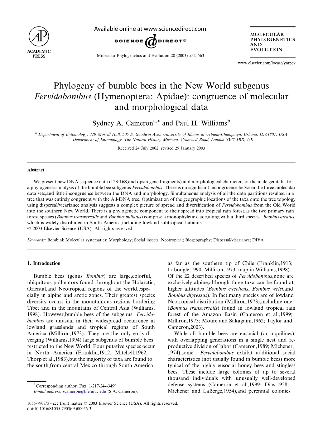 Phylogeny of Bumble Bees in the New World Subgenus Fervidobombus (Hymenoptera: Apidae): Congruence of Molecular and Morphological Data