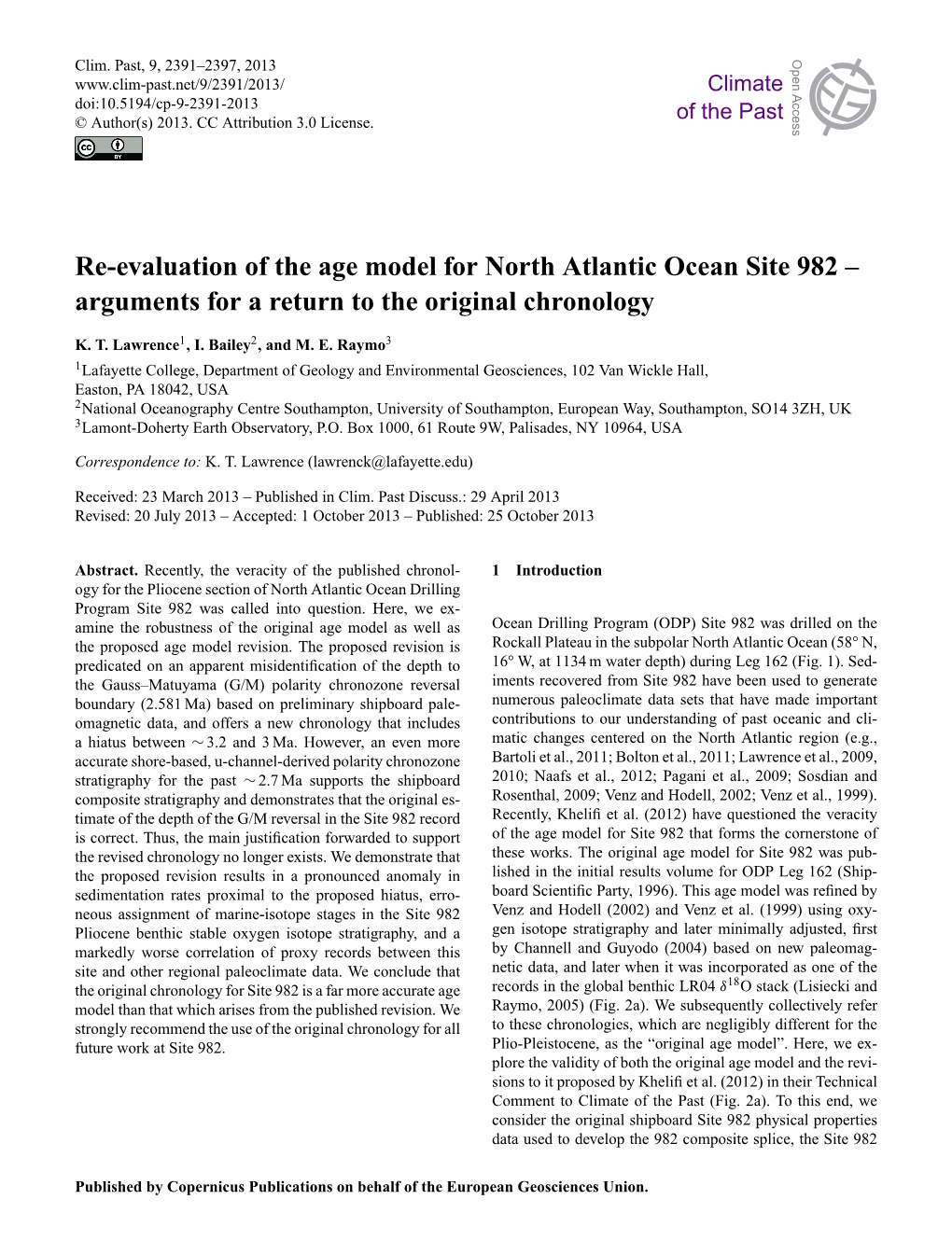 Re-Evaluation of the Age Model for North Atlantic Ocean Site 982 – Arguments for a Return to the Original Chronology