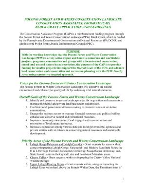 Pocono Forest and Waters Conservation Landscape Conservation Assistance Program (Cap) Block Grant Application and Guidelines