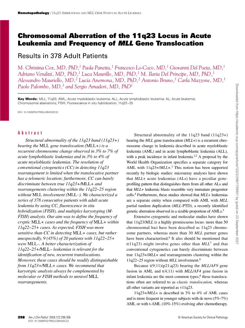 Chromosomal Aberration of the 11Q23 Locus in Acute Leukemia and Frequency of MLL Gene Translocation Results in 378 Adult Patients