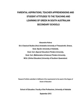 Parental Aspirations, Teacher Apprehensions and Student Attitudes to the Teaching and Learning of Greek in South Australian Secondary Schools
