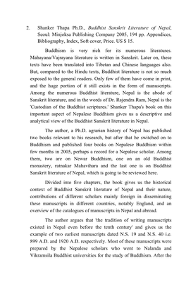 2. Shanker Thapa Ph.D., Buddhist Sanskrit Literature of Nepal, Seoul: Minjoksa Publishing Company 2005, 194 Pp
