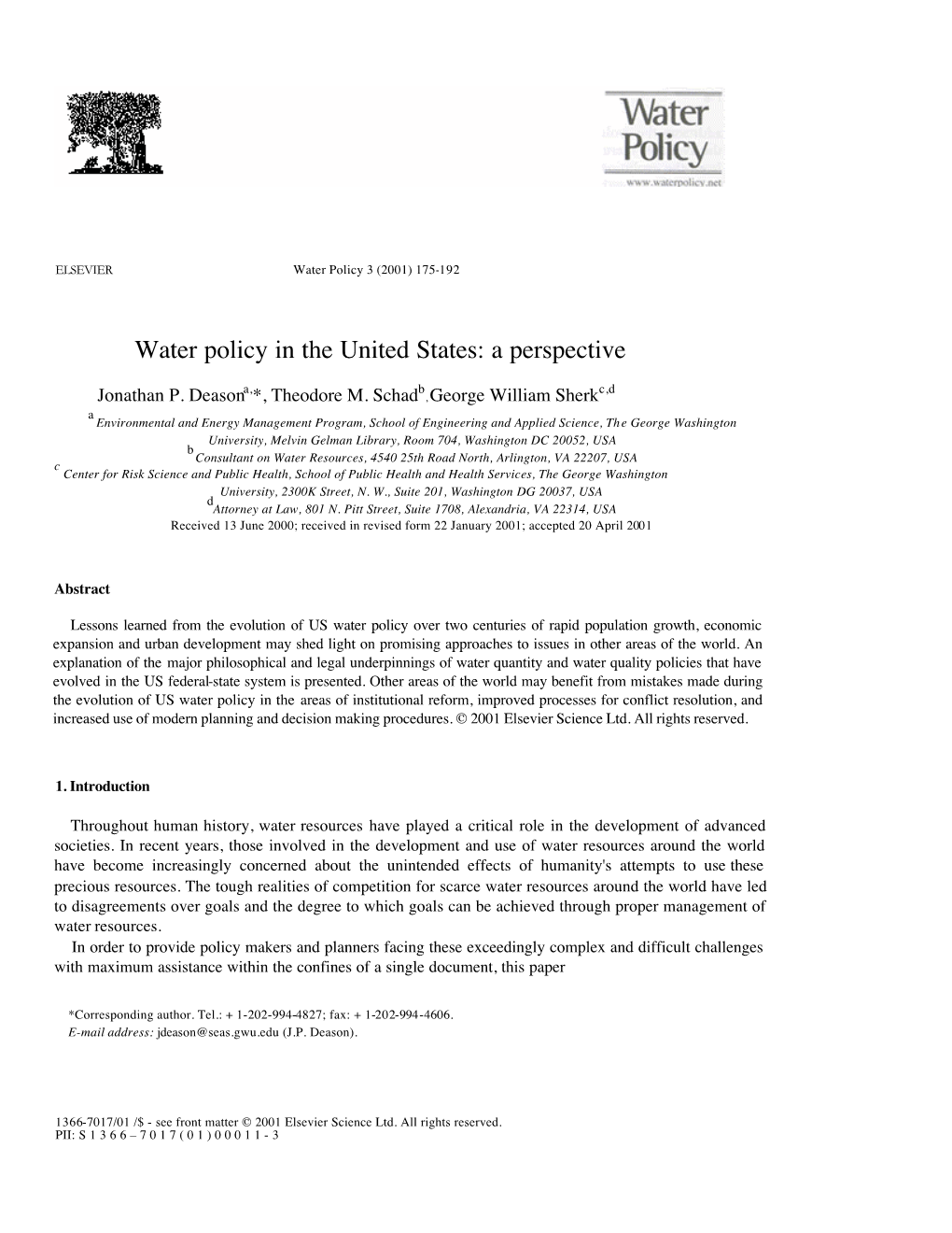 Water Policy in the United States: a Perspective