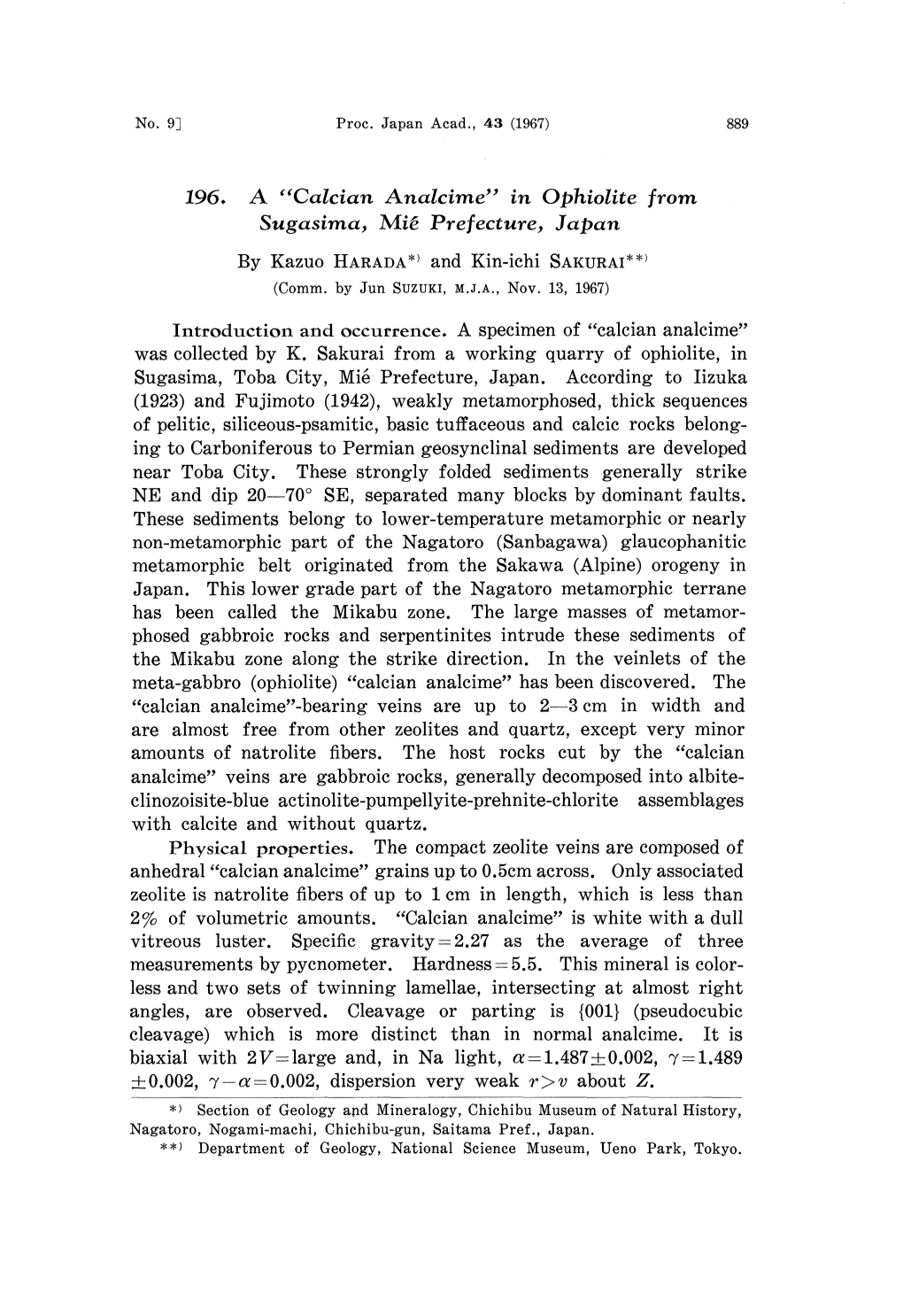 Calcian Analcime" in Ophiolite from Sugasima, Mie Prefecture, Japan by Kazuo HARADA*' and Kin-Ichi SAKURAI* * (Comm