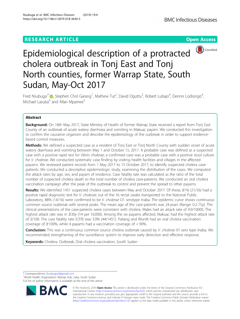 Epidemiological Description of a Protracted Cholera Outbreak in Tonj