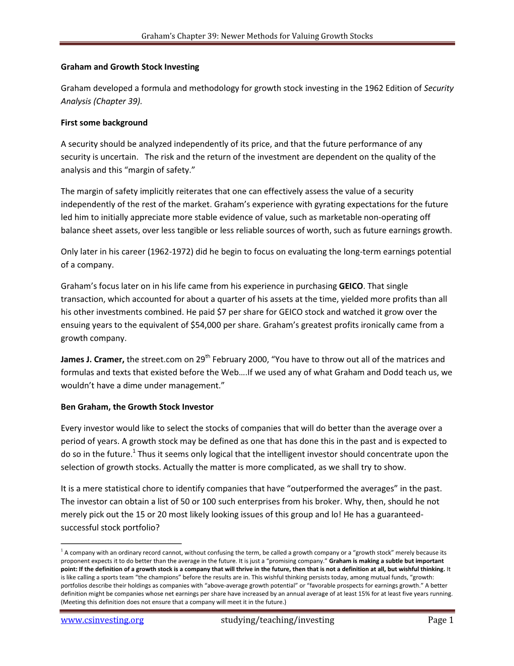 Graham's Chapter 39: Newer Methods for Valuing Growth Stocks