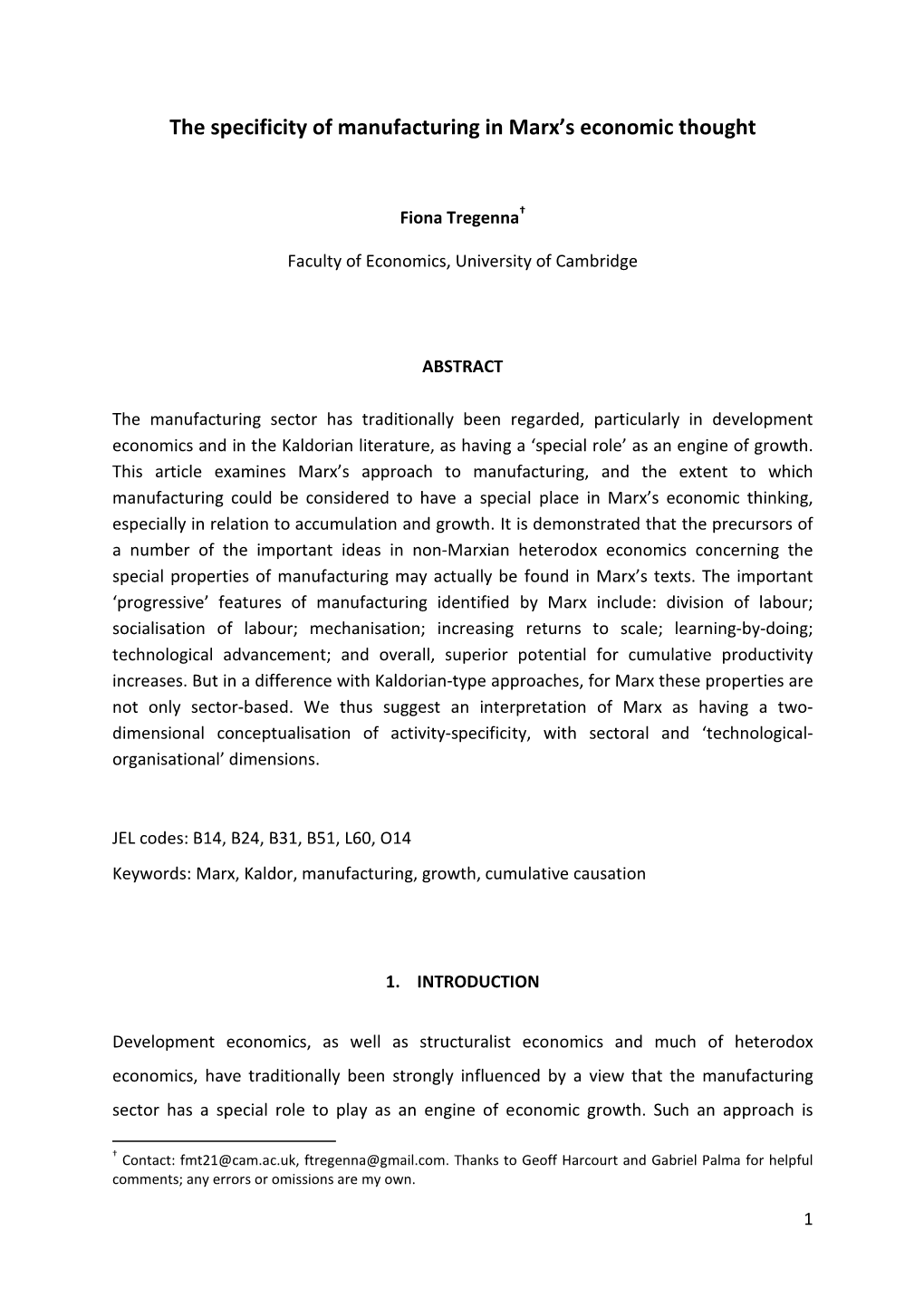 Marxian Approach to Specificity Manufacturing