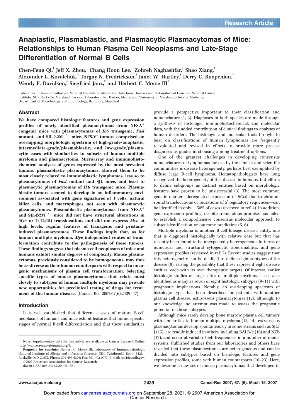 Anaplastic, Plasmablastic, and Plasmacytic Plasmacytomas of Mice: Relationships to Human Plasma Cell Neoplasms and Late-Stage Differentiation of Normal B Cells