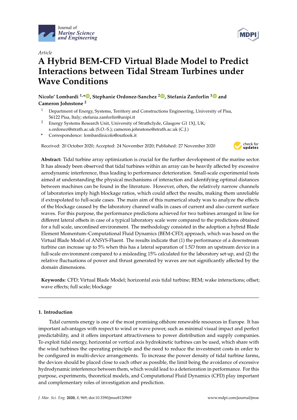 A Hybrid BEM-CFD Virtual Blade Model to Predict Interactions Between Tidal Stream Turbines Under Wave Conditions