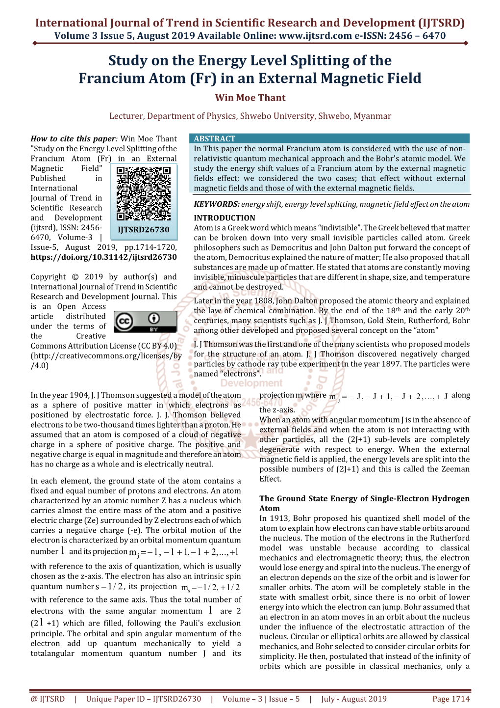 Study on the Energy Level Splitting of the Francium Atom (Fr) in an External Magnetic Field