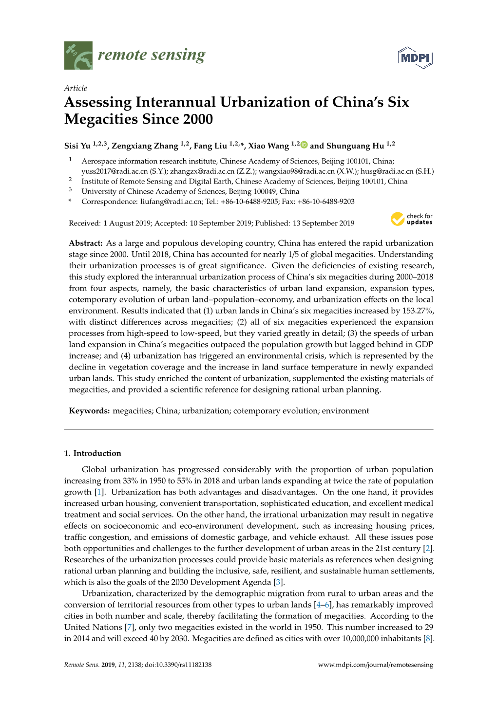 Assessing Interannual Urbanization of China's Six Megacities Since 2000