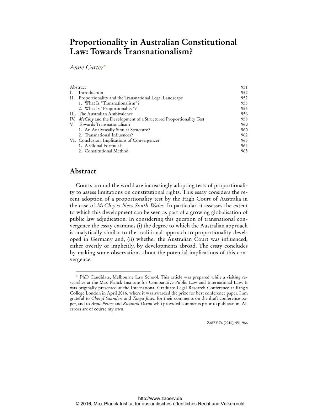 Proportionality in Australian Constitutional Law: Towards Transnationalism?