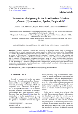 Evaluation of Oligolecty in the Brazilian Bee Ptilothrix Plumata (Hymenoptera, Apidae, Emphorini)*
