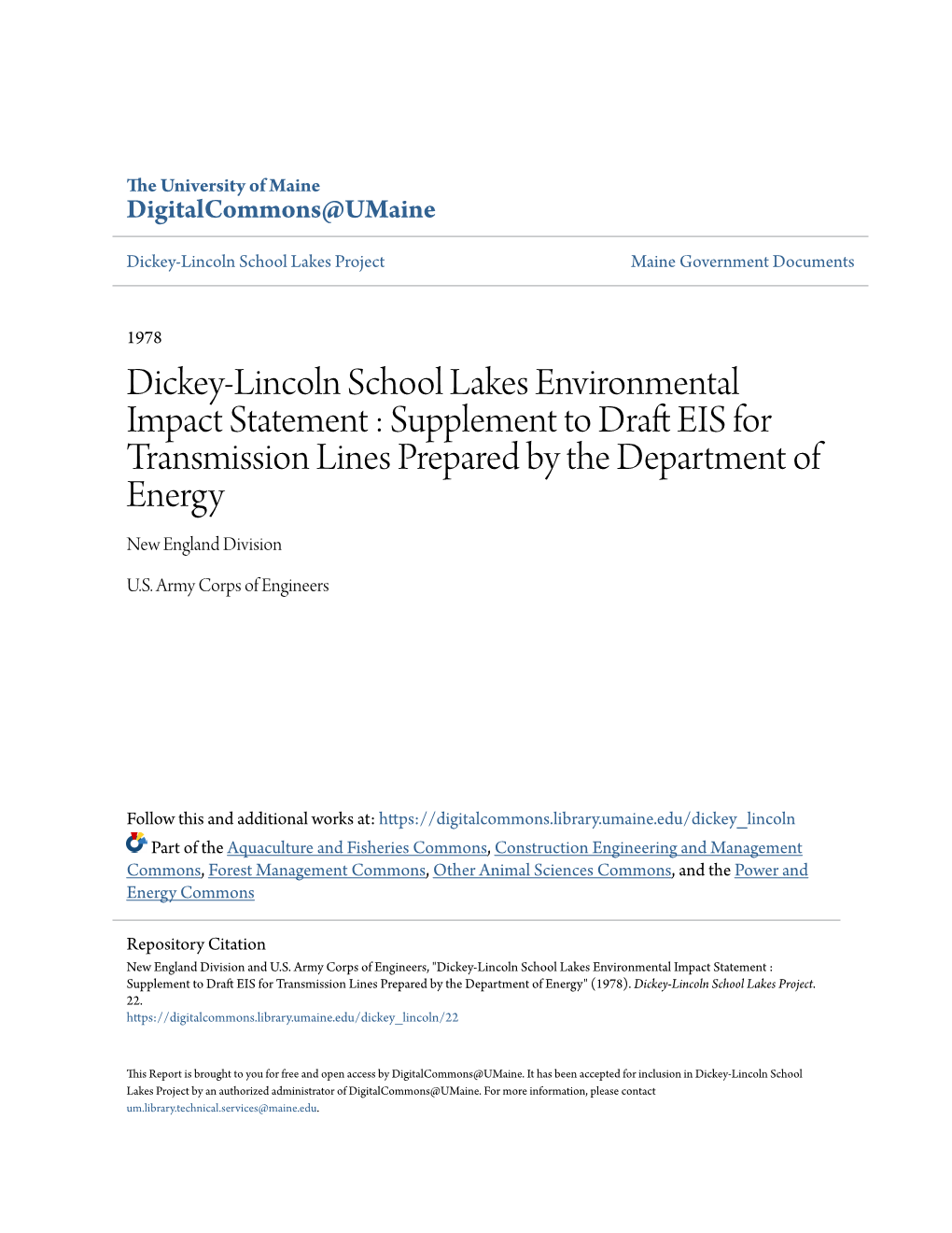 Dickey-Lincoln School Lakes Environmental Impact Statement : Supplement to Draft EIS for Transmission Lines Prepared by the Department of Energy New England Division