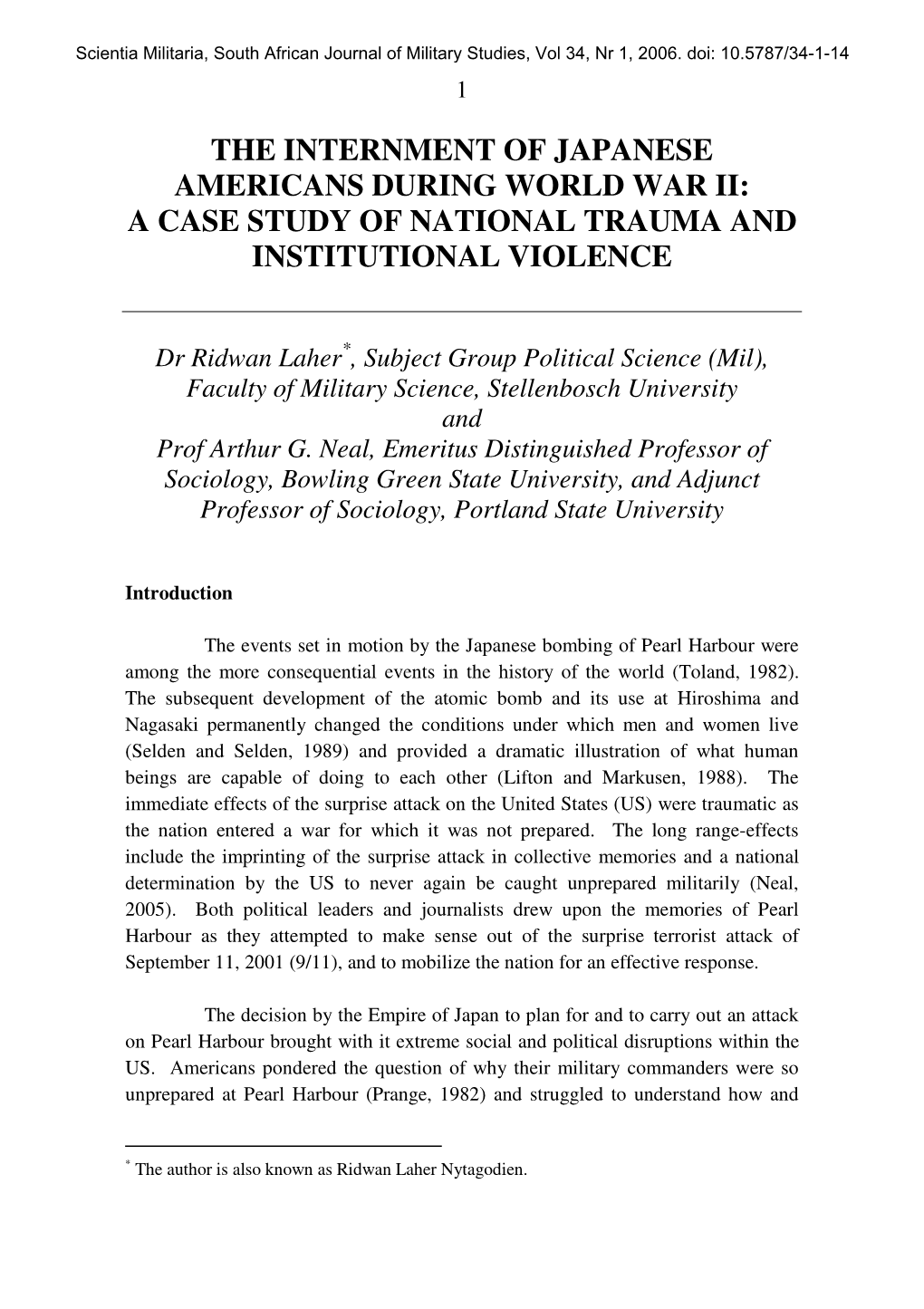 The Internment of Japanese Americans During World War Ii: a Case Study of National Trauma and Institutional Violence