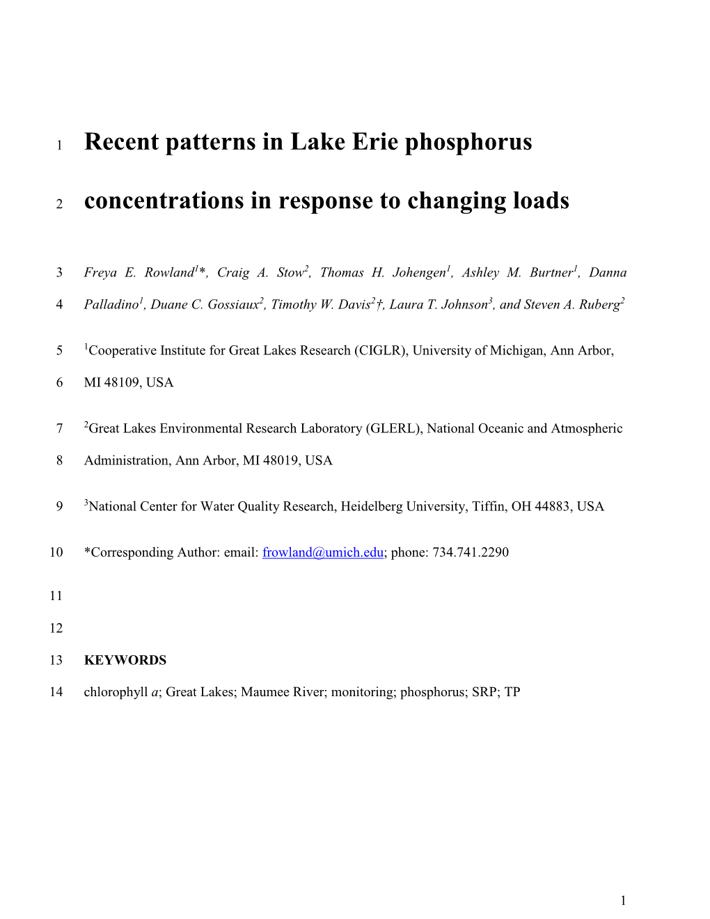 Recent Patterns in Lake Erie Phosphorus Concentrations In