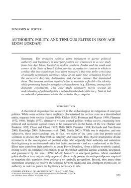 Authority, Polity, and Tenuous Elites in Iron Age Edom (Jordan)