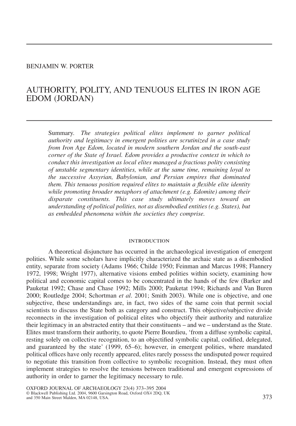 Authority, Polity, and Tenuous Elites in Iron Age Edom (Jordan)