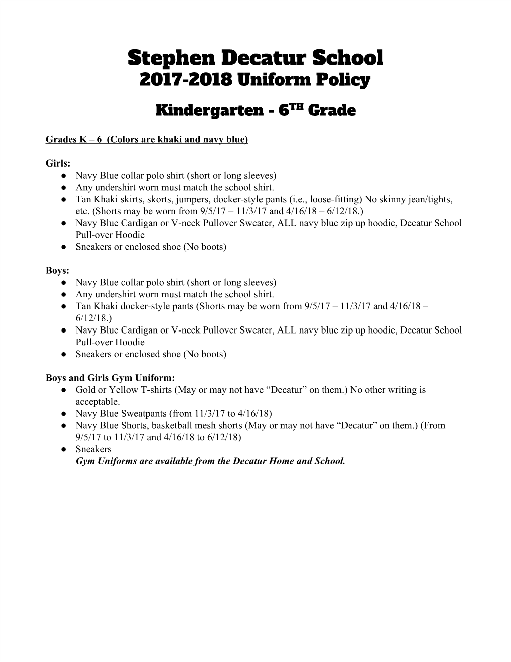 Stephen Decatur School 2017-2018 Uniform Policy