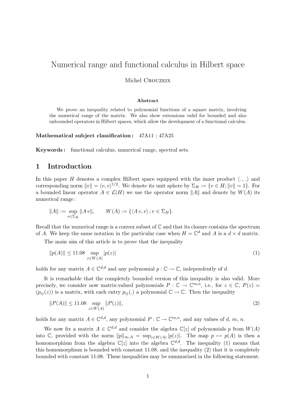 Numerical Range and Functional Calculus in Hilbert Space