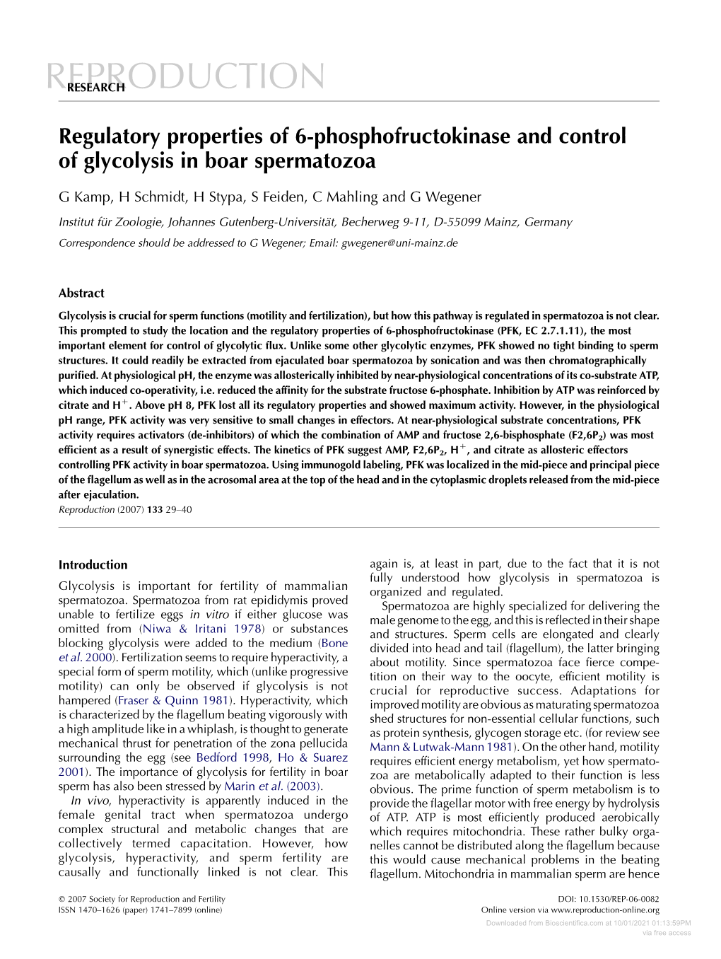 Regulatory Properties of 6-Phosphofructokinase and Control of Glycolysis in Boar Spermatozoa
