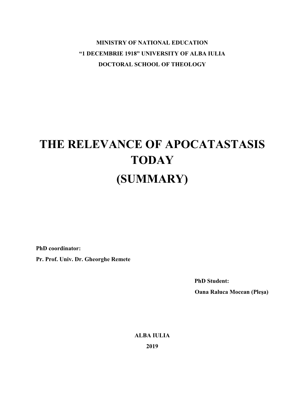 The Relevance of Apocatastasis Today (Summary)